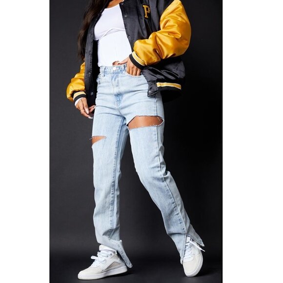 NEW PrettyLittleThing Light Blue Wash Thigh Rip Distressed Split Hem Jeans P614 - Picture 1 of 10